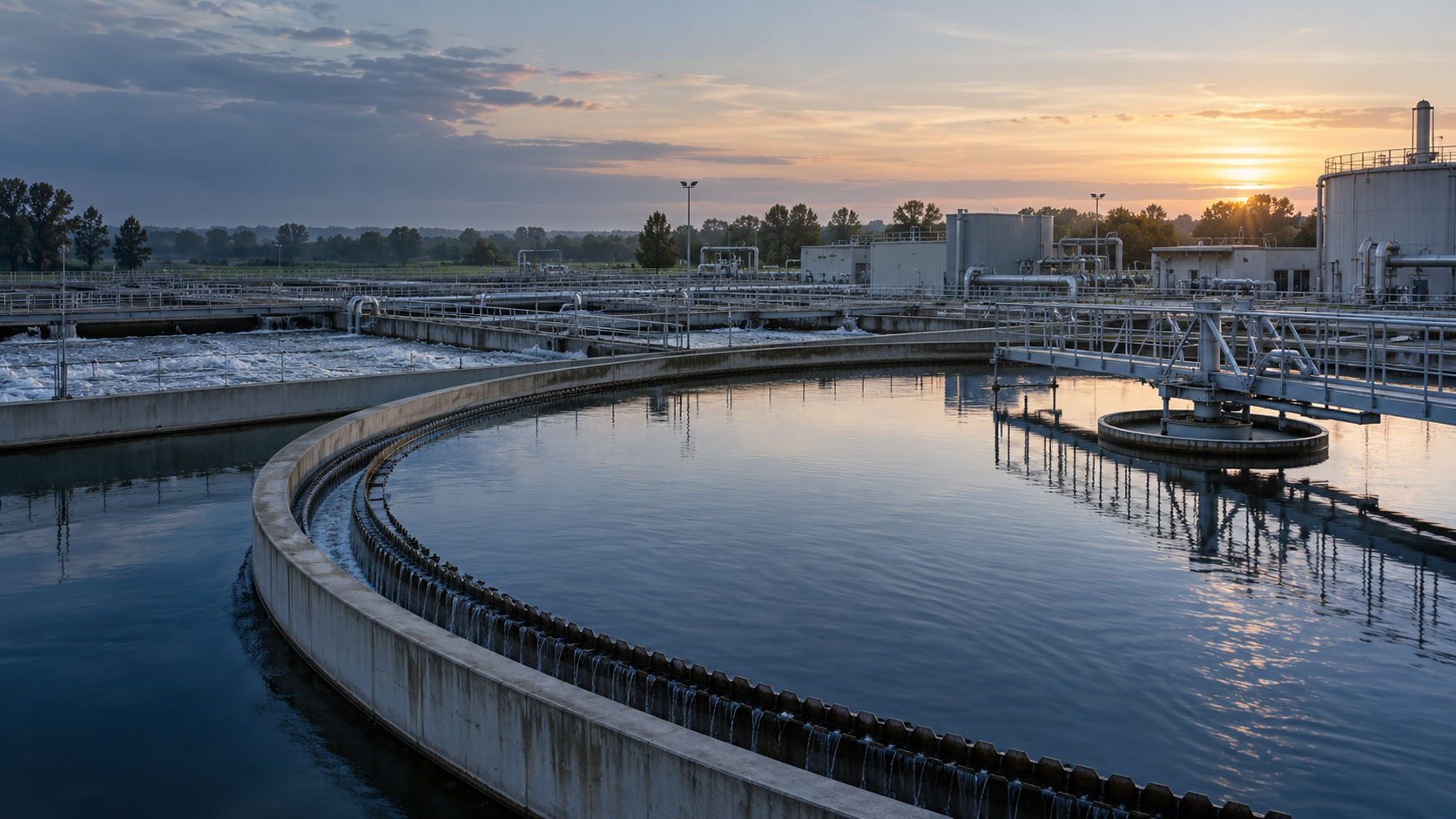 Modern wastewater treatment clarifier with clean engineering lines in morning light